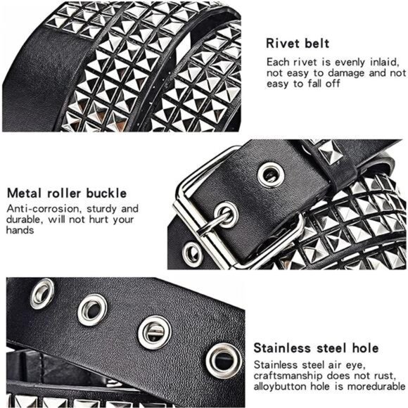 Black Studded Belt Punk Rock Rivet Belt Grommet Threads Belt with Bright Metal - Picture 5 of 8